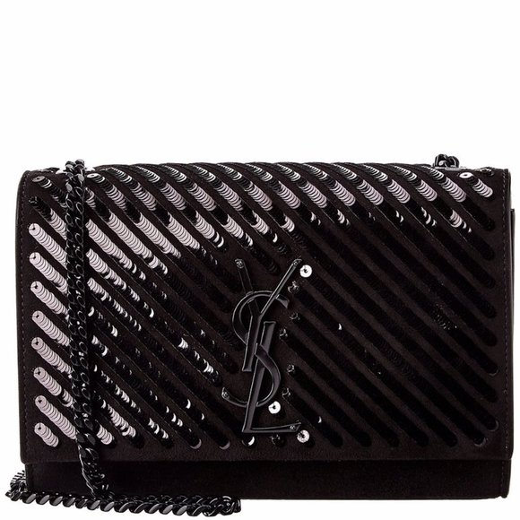 Saint Laurent 'Kate' YSL Sequin Detail Suede Shoulder Bag NEW (Black) - Picture 1 of 16